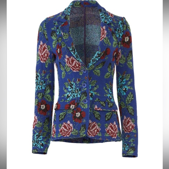 $340 Aldomartins Blue Knit Floral Blazer - Picture 4 of 10